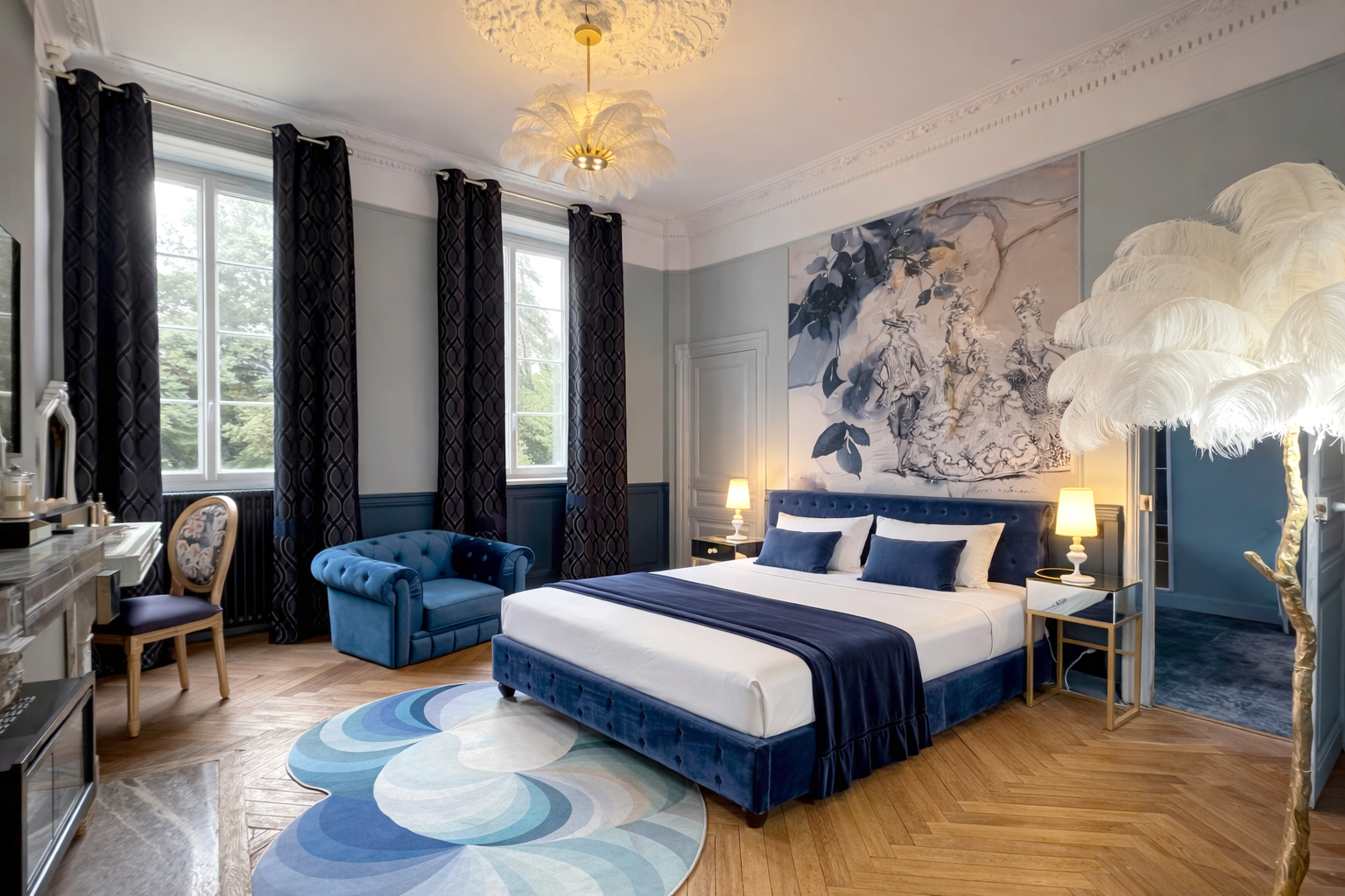 Chambre Marie-Antoinette avec décoration romantique et papier peint Lé Papier de Ninon